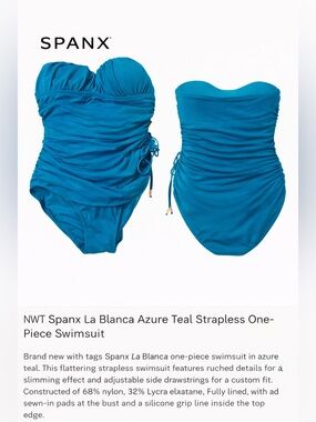 SPANX Ruched Strapless One Piece Swimsuit Teal Blue Size 8 NWOT
